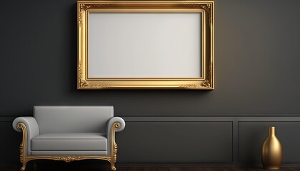  a chair and a gold framed picture in a dark room with a gold vase and a gold vase on a wooden floor in front of a black wall.  generative ai