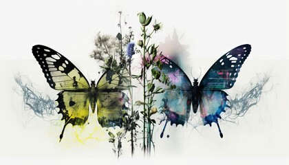  a butterfly with a flower in the foreground and another butterfly in the background with a white background and a black and yellow butterfly in the middle.  generative ai