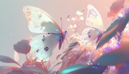Fototapety   two white butterflies flying over a bunch of pink and purple flowers with water droplets on them and a light blue sky behind the two butterflies.  generative ai