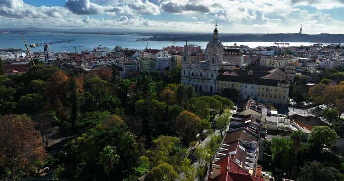 Aerial view of Basilica da Estrela medieval catholic church in Lisbon, Portugal.