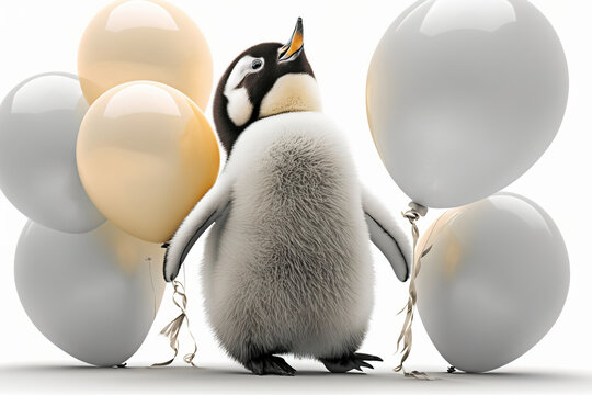 A cute penguim holds a white and golden balloon in its paw on a light background..Generated AI