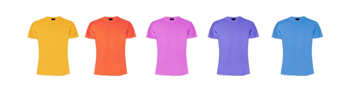 Yellow, blue, red, violet shirt. Color t shirt collection. Product isolated on transparent background. Precision cut and flawless finish make it easy to incorporate the image into your projects