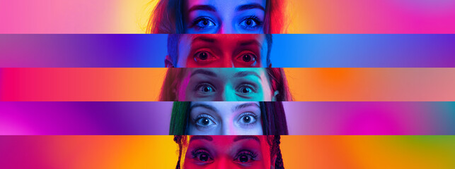 Collage. Widely open. Close-up image of female eyes placed on narrow stripes over multicolored...