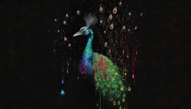  a colorful peacock standing in the dark with drops of water on it's tail and feathers hanging down from its feathers, and a black background with drops of water droplets.  generative ai