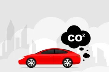 Foto op Plexiglas Car emits carbon dioxide. Car emits CO2 clouds. Cars air pollution concept. Smoke from car cover the city and the sky. Illustration for save environmental, ecology and atmosphere © mi-vector