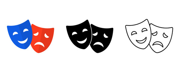 Theater masks icon set. Masquerade vector icons. Comic and tragic mask icons. Happy and unhappy traditional symbol of theater. Funny and sad theater masks. Vector Illustration