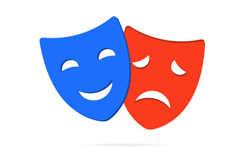 Theater masks. Masquerade vector icons. Comic and tragic mask icons. Happy and unhappy traditional symbol of theater. Funny and sad theater masks. Vector Illustration