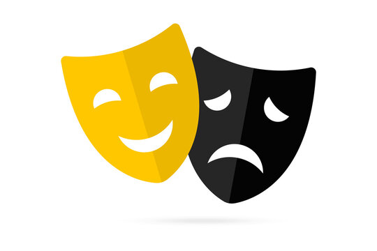 Theater masks. Masquerade vector icons. Comic and tragic mask icons. Happy and unhappy traditional symbol of theater. Funny and sad theater masks. Vector Illustration
