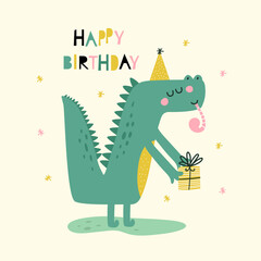 Happy birthday card with cute crocodile. Vector illustrations
