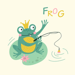 Fishing frog. Cute frog. Vector cartoon illustrations