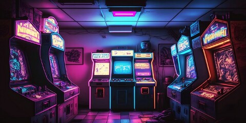 salle remplie de borne d'arcade, années 80 - 90 - illustration ia	

