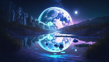  a painting of a full moon reflecting in a body of water with mountains in the background and a lake in the foreground with rocks in the foreground.  generative ai