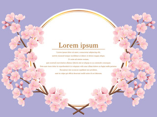 Fototapeta na wymiar 交差した桜の枝と金色ラインの丸フレームのイラスト（紫）
