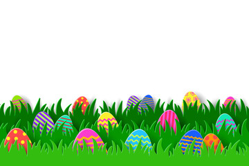 Transparent Easter background with painted eggs hidden in spring grass. Paper cut decoration. PNG illustration