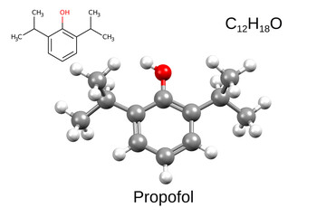 Chemical formula, skeletal formula and 3D ball-and-stick model of propofol
