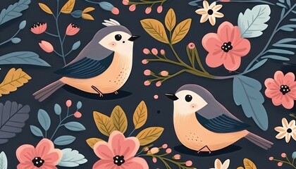  a couple of birds sitting on top of a flower covered field of leaves and flowers on a black background with pink, blue, yellow and white flowers.  generative ai