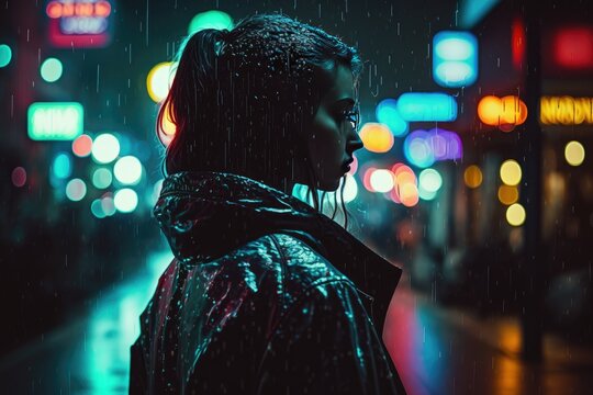Fototapeta A Moment of Reflection An Analog Style Photograph of a Woman Standing Alone in the Rain, Silhouetted by the Neon Lights of a Night City with Perfect Depth of Field Generative AI