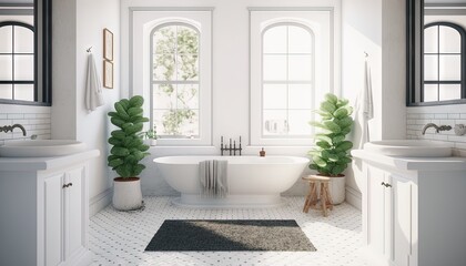  a bathroom with a tub, sink, toilet and a rug on the floor with a plant in the corner of the bathtub and two windows.  generative ai