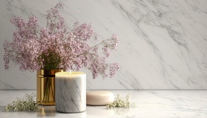  a marble table with a vase of flowers and a candle on it and a candle holder with a candle on it and a marble wall behind it.  generative ai