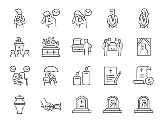 Funeral icon set. Included the icons as death, sorrow, cry, coffin, emotional, and more.