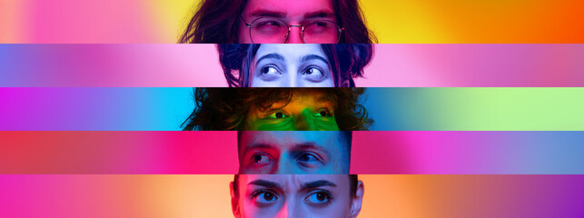Collage. Close-up male and female eyes isolated on multicolored background in neon. Flyer with copy space for ad. Concept of human diversity, emotions, equality, human rights, youth