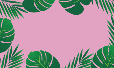 Minimalistic tropical background with palm leaves on pink background