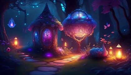 glowing fairy house in a fairy forest 