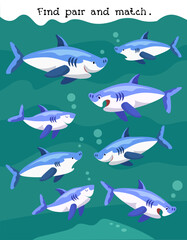 Obraz na płótnie Canvas Sharks in sea. Find pairs. Educational puzzle game for preschoolers. Vector scene illustration for worksheet and book design. Nature and animals. 