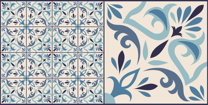 Seamless blue patchwork tile with Islam, Arabic, Indian, ottoman motifs. Majolica pottery tile. Portuguese and Spain decor. Ceramic tile in talavera style. Vector illustration.