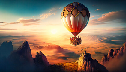 Soaring Through the Clouds with a Hot Air Balloon.   Thrilling Hot Air Ballooning Experience.  Generative AI
