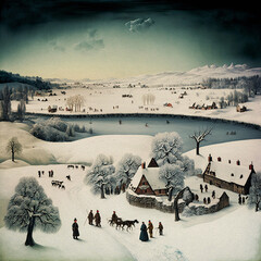 Winter rural landscape with snow, river, small villages and people, as in the old Renaissance paintings made with generative AI