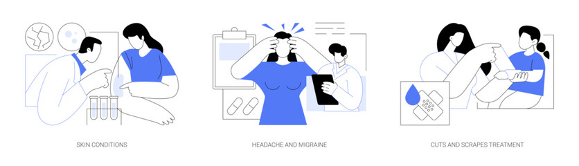 Walk-in clinic patients common complaints abstract concept vector illustrations.