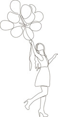 One continuous line drawing of  a girl with a balloons.
