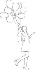 One continuous line drawing of  a girl with a balloons.