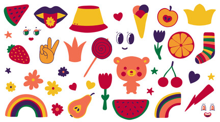 Fun colorful stickers collection in kid core style. Simple and playful doodle set.