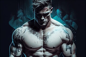 Body builder man with giant muscles drinks sports nutrition. Ghost on steroids overdose. Futuristic fictional man radiates energy, human modified with future technology. Generative AI