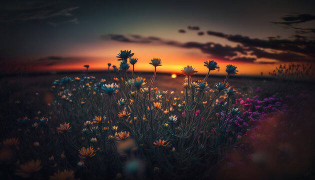 Sunset over the field of flowers, Generative AI
