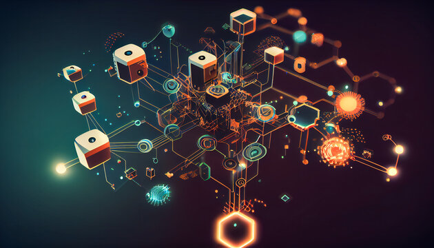 A graphical representation of a connected IoT network, with various nodes, devices, and connections.  Generative AI.