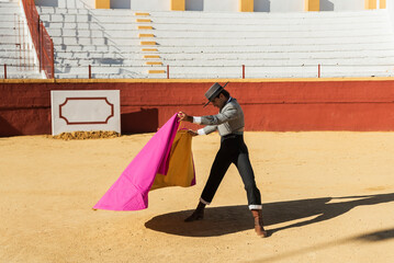 Male matador waving bright cape - obrazy, fototapety, plakaty