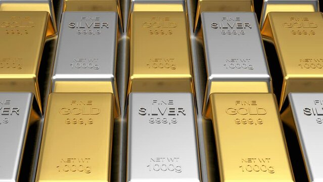 3D animation of rows of gold and silver bars in 4K. The concept of banking precious metals.