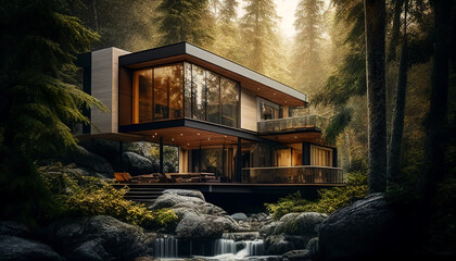 Modern house in the forest, River, Generative AI