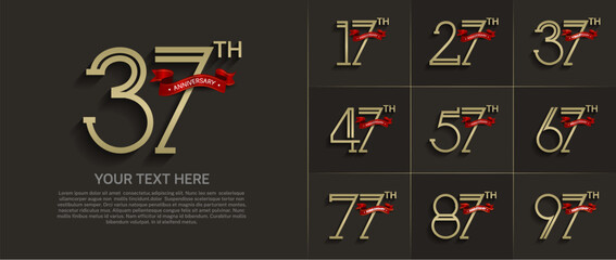 set of anniversary logotype golden color with red ribbon for special celebration event