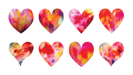 Fototapeta premium Watercolor hand painted love hearts set,collection, illustrated in red and pink ink and isolated on white for wedding invitations or Valentine's day card.