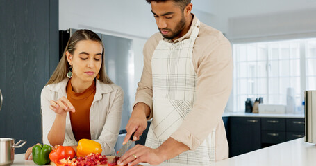 Couple, cooking and together in kitchen and learning for relationship growth and bonding, skill...