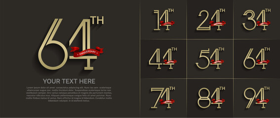 set of anniversary logotype golden color with red ribbon for special celebration event