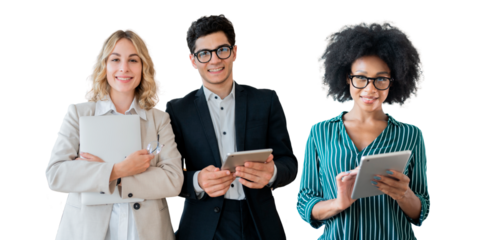 Group people office employees using devices Tablets formal clothing isolated background, png.