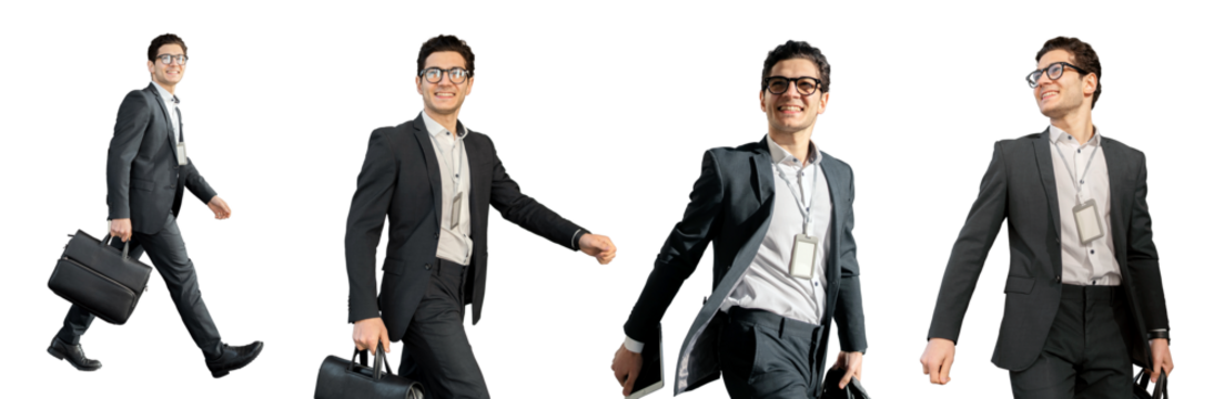 A man is a cheerful businessman going to the office in business clothes isolated background, png.