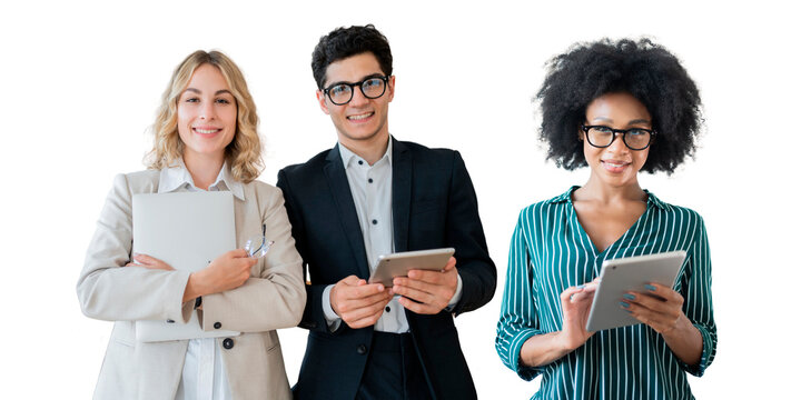 Group people office employees using devices Tablets formal clothing isolated background, png.