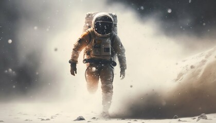 astronauts dash through a blizzard with full astronaut suit. (Generative AI Technology) - obrazy, fototapety, plakaty