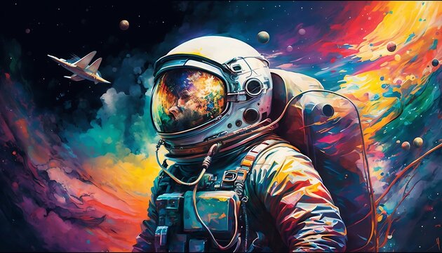 Astronaut floating in the middle of a colorful and vibrant space scene with Generative AI Technology.